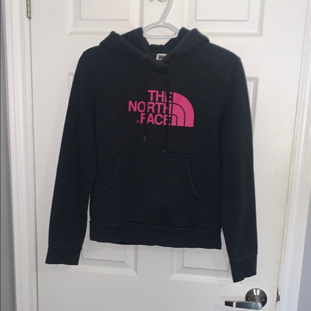 The North Face Dark Blue Hoodie with Pink Logo